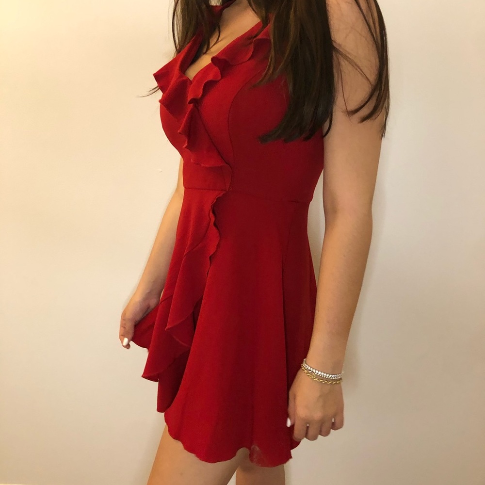 Deep Red Ruffle Detail Fit and Flare Dress